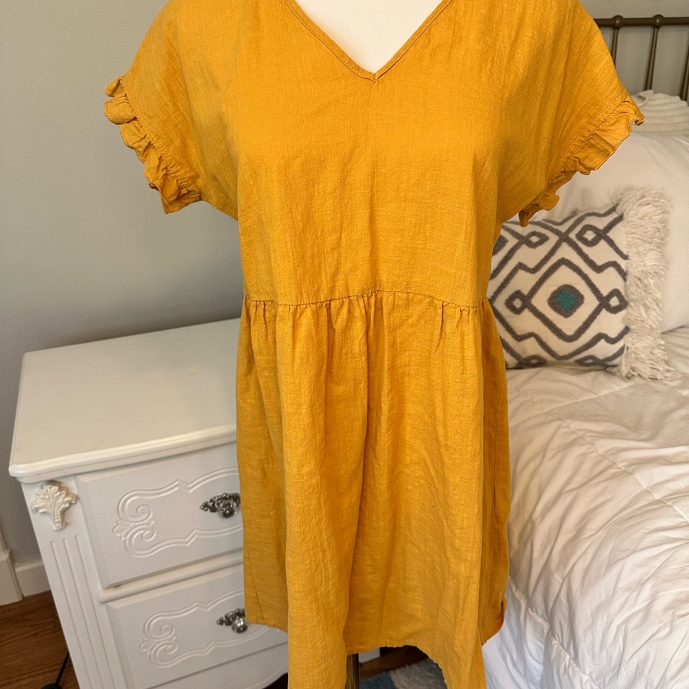 SHEIN Fun Sunshine Yellow Boho Style Linen Like Dress Flutter Sleeves Size XS